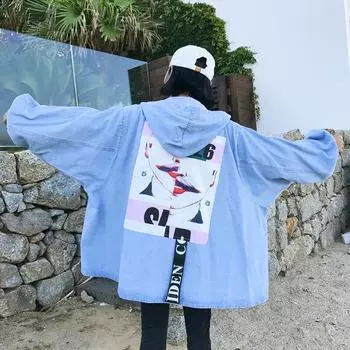 Повседневная джинсовая куртка женская модная принтованная куртка корейский стиль свободные топы с капюшоном ретро шик короткие куртки с клоунским принтом женская одежда L чёрный