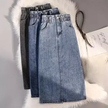 Повседневная джинсовая юбка большого размера с однотонными карманами на пуговицах, летняя офисная женская винтажная тонкая элегантная юбка, весенняя корейская мода Faldas 5XL синий