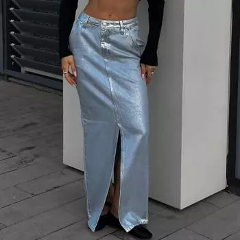 Повседневная джинсовая юбка, женская новая мода с разрезом и высокой талией, ретро макси-юбки Femme Street, повседневная свободная серебристая длинная юбка с разрезом S синий