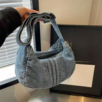 Повседневная джинсовая женская сумка через плечо с застежкой-молнией и нитками, модная и универсальная, большая вместительная сумка через плечо