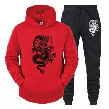 Повседневная флисовая женская толстовка с принтом черного дракона, спортивный костюм, комплект с капюшоном + брюки, весенняя спортивная одежда Homme, уличная одежда S