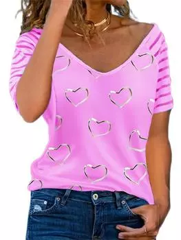 Повседневная футболка больших размеров, женская футболка большого размера в полоску с коротким рукавом и принтом в виде сердца, комфортная футболка средней эластичности XS