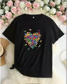 Повседневная футболка больших размеров, женская футболка с круглым вырезом и короткими рукавами с принтом бабочки и сердца 1XL чёрный
