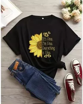 Повседневная футболка больших размеров, женская футболка размера плюс с принтом подсолнечника и сердца, с коротким рукавом, с круглым вырезом, слегка эластичная футболка 1XL чёрный