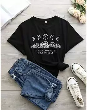 Повседневная футболка больших размеров, женская футболка с короткими рукавами и круглым вырезом с принтом волны и луны, слегка эластичная футболка 1XL чёрный