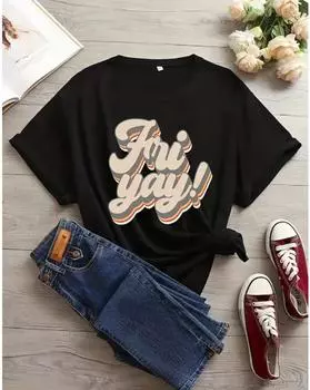 Повседневная футболка больших размеров, женская футболка с круглым вырезом и коротким рукавом с буквенным принтом Plus 1XL чёрный