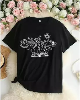 Повседневная футболка больших размеров, женская футболка с круглым вырезом и коротким рукавом с цветочным принтом больших размеров 1XL чёрный
