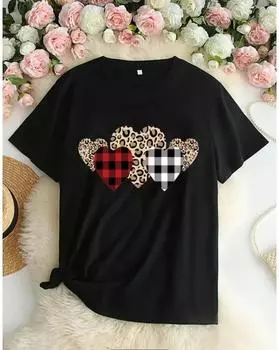 Повседневная футболка больших размеров, женская футболка больших размеров с разноцветным принтом в виде сердечек, с коротким рукавом, круглым вырезом, слегка эластичная футболка 1XL чёрный
