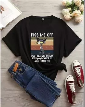 Повседневная футболка больших размеров, женская легкая эластичная футболка с короткими рукавами и круглым вырезом с принтом кошек и букв 1XL чёрный