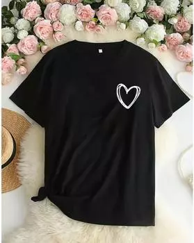 Повседневная футболка больших размеров, женская легкая эластичная футболка с круглым вырезом и короткими рукавами с сердечным принтом 1XL чёрный