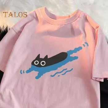 Повседневная футболка для пары с рисунком черной кошки, футболка с круглым вырезом, свободный летний топ для мужчин и женщин, домашняя спортивная одежда для улицы XL хаки