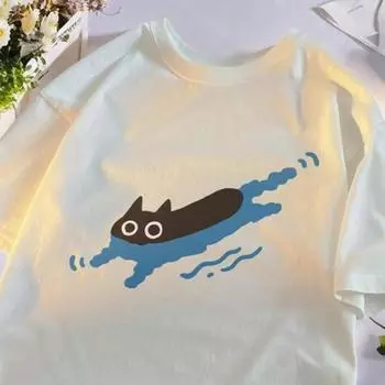 Повседневная футболка для пары с рисунком черной кошки, футболка с круглым вырезом, свободный летний топ для мужчин и женщин, домашняя спортивная одежда для улицы M чёрный