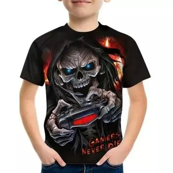 Повседневная футболка с 3d принтом для мальчиков и девочек, детская креативная футболка с короткими рукавами и рисунком черепа, стильная уличная одежда, топы, одежда 110