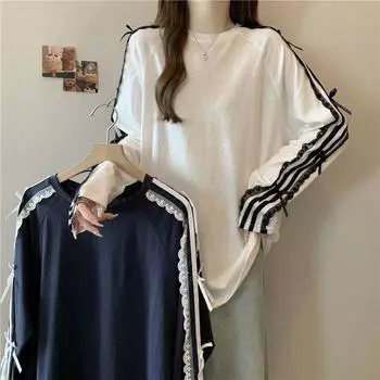 Повседневная футболка с длинным рукавом и круглым вырезом, кружевная лоскутная свободная женская одежда, корейские топы средней длины M белый