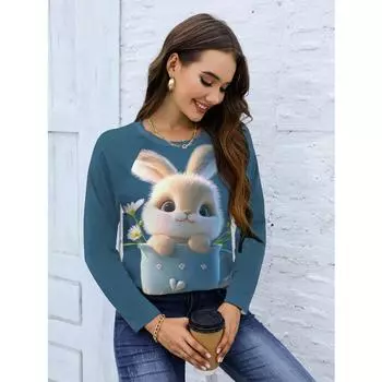 Повседневная футболка с длинным рукавом и принтом 3D-кролика, осень S