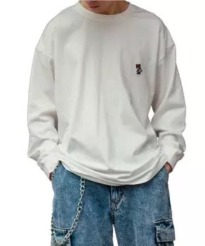 Повседневная футболка с длинным рукавом и вышивкой «Скейтбордист Медведь» для белого цвета [УЛУЧШАЕТ] [ТАНЦУЕТ БОКОМ] Мужская, белый