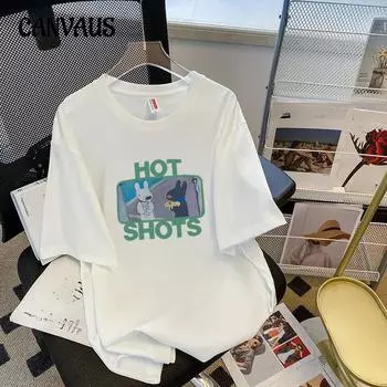 Повседневная футболка с короткими рукавами из хлопка с принтом, летние свободные женские топы с половиной рукавов больших размеров M белый