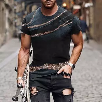 Повседневная футболка с короткими рукавами в европейском и американском стиле с круглым вырезом в этническом стиле и принтом в стиле ретро L чёрный