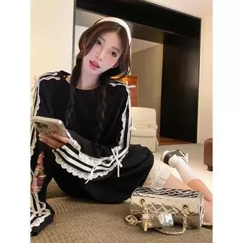 Повседневная футболка с круглым вырезом и длинным рукавом, кружевная лоскутная свободная женская средняя длина XL белый