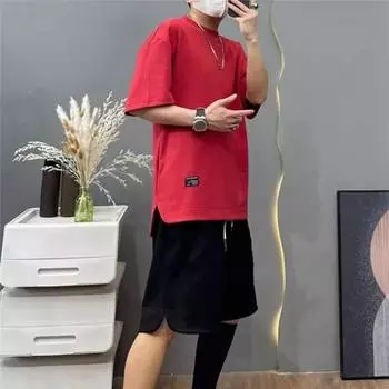Повседневная футболка с круглым вырезом и карманом на пол-рукавах Футболка свободного кроя, однотонная, скрытый крой, боковые разрезы, подгибка, пуловер, топы, уличная одежда M красный