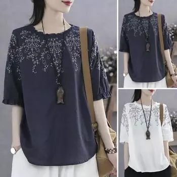 Повседневная футболка с круглым вырезом и кружевной строчкой-фонариком с короткими рукавами, свободная футболка, пуловер с вышивкой и цветочным узором, топы