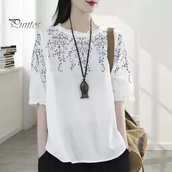 Повседневная футболка с круглым вырезом и кружевной строчкой-фонариком с короткими рукавами, свободная футболка, пуловер с вышивкой и цветочным узором, топы