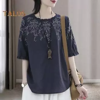 Повседневная футболка с круглым вырезом и кружевной строчкой-фонариком с короткими рукавами, свободная футболка, пуловер с вышивкой и цветочным узором, топы