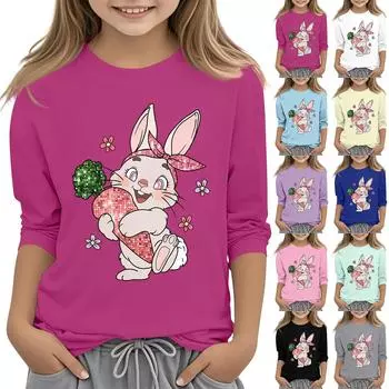 Повседневная футболка с круглым вырезом и пасхальным принтом, с рукавами 7 точек для детей 110 бежевый