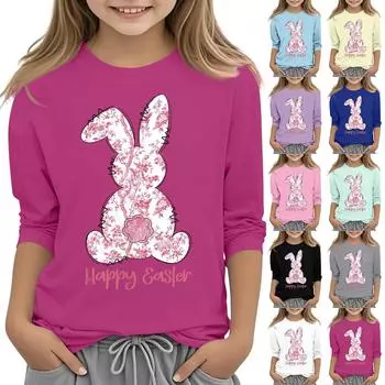 Повседневная футболка с круглым вырезом и пасхальным принтом, с рукавами 7 точек для детей 110 белый