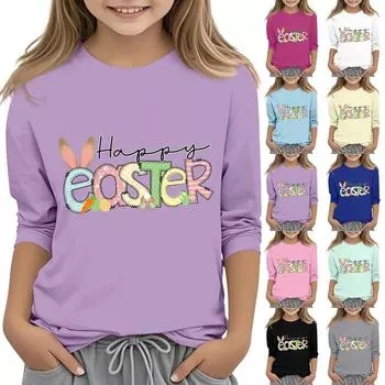 Повседневная футболка с круглым вырезом и пасхальным принтом, с рукавами 7 точек для детей 120