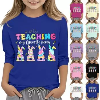 Повседневная футболка с круглым вырезом и пасхальным принтом, с рукавами 7 точек для детей 140