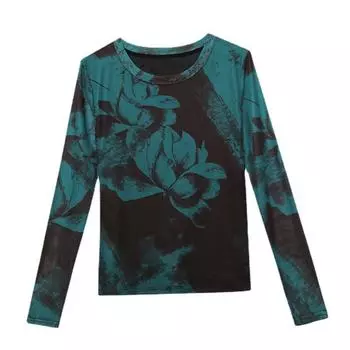 Повседневная футболка с круглым вырезом и принтом из сетки для женщин на весну, тонкая базовая рубашка с длинными рукавами S