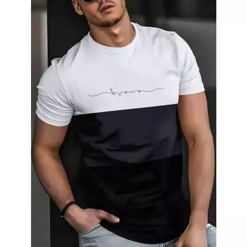 Повседневная футболка с круглым вырезом в цветных блоках для мужчин, слегка эластичная футболка с 3D-цифровым принтом - летний модный уличный топ с коротким рукавом для спорта и фитнеса S белый