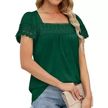 Повседневная футболка с квадратным вырезом и кружевом для женщин, летние топы с коротким рукавом, хлопковые футболки, повседневная однотонная свободная женская футболка 26324 S орион