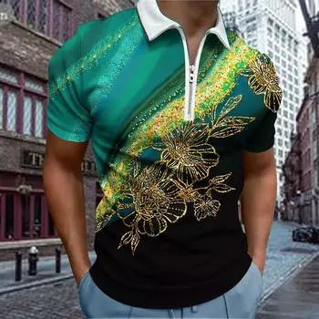 Повседневная футболка с лацканами, молодежная модная футболка с застежкой-молнией, футболка с коротким рукавом, мужская футболка с принтом в виде золотистых цветов 3D XS синий