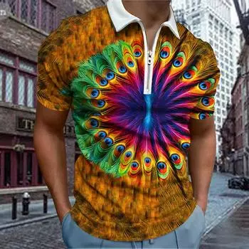 Повседневная футболка с лацканами, молодежная модная футболка с застежкой-молнией, футболка с коротким рукавом, мужская футболка с принтом в виде павлиньих перьев 3D