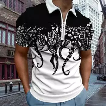 Повседневная футболка с лацканами, молодежная модная футболка с застежкой-молнией, футболка с коротким рукавом, мужская футболка с принтом 3D Octopus Tail XS синий