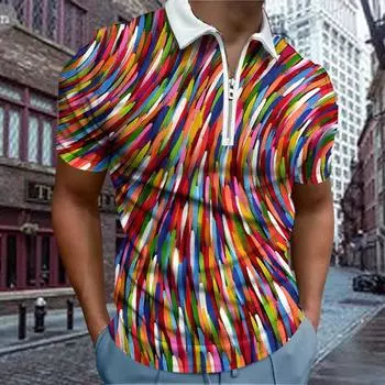 Повседневная футболка с лацканами, молодежная модная футболка с застежкой-молнией, футболка с коротким рукавом, мужская футболка с 3D-принтом и красочными палочками XS синий