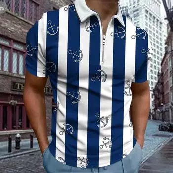 Повседневная футболка с лацканами, молодежная модная футболка с застежкой-молнией, футболка с коротким рукавом, мужская футболка с 3D-полосатым принтом крючков XS синий