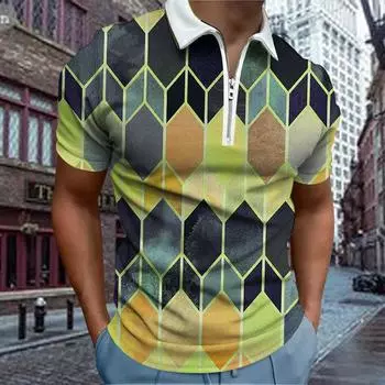 Повседневная футболка с лацканами, молодежная модная футболка с застежкой-молнией, футболка с коротким рукавом, мужская футболка с принтом в виде сот 3D XS синий