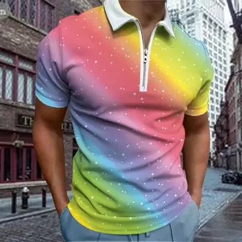 Повседневная футболка с лацканами, молодежная модная футболка с застежкой-молнией, футболка с коротким рукавом, мужская футболка с 3D-цветным принтом «звездный свет» XS красный