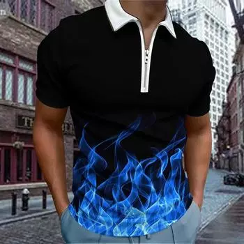 Повседневная футболка с лацканами, молодежная модная футболка с застежкой-молнией, футболка с коротким рукавом, мужская футболка с принтом 3D Blaze Blue XS синий