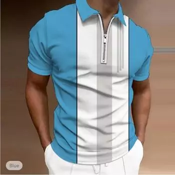 Повседневная футболка с лацканами, молодежная модная футболка с застежкой-молнией, футболка с коротким рукавом, мужская футболка с 3D-цветным блоком и креативным графическим принтом XS синий