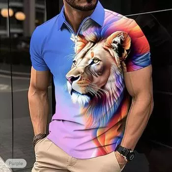 Повседневная футболка с лацканами, молодежная модная футболка с застежкой-молнией, футболка с коротким рукавом, мужская футболка с 3D-принтом и цветным принтом льва XS синий