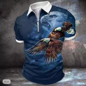 Повседневная футболка с лацканами, молодежная модная футболка с застежкой-молнией, футболка с коротким рукавом, мужская футболка с принтом 3D Eagle XS синий