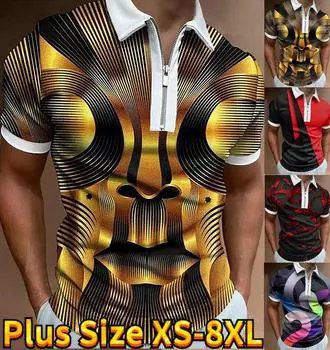 Повседневная футболка с лацканами, молодежная мужская модная футболка на молнии, футболка с коротким рукавом, мужская футболка с 3D принтом в золотую полоску XS синий