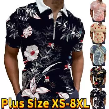 Повседневная футболка с лацканами, молодежная мужская модная футболка на молнии, футболка с коротким рукавом, мужская футболка с 3D пышными цветами и принтом 7XL чёрный