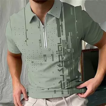 Повседневная футболка с лацканами, молодежная мужская модная футболка на молнии, футболка с коротким рукавом, мужская футболка с 3D зеленым узором и принтом XS чёрный