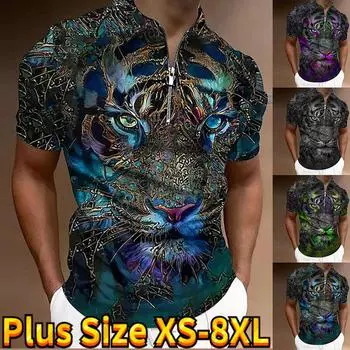 Повседневная футболка с лацканами, молодежная мужская модная футболка на молнии, футболка с коротким рукавом, мужская футболка с 3D принтом «Взгляд тигра» XS синий