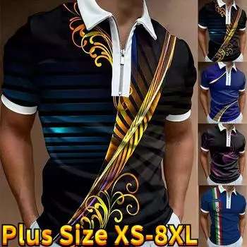 Повседневная футболка с лацканами, молодежная мужская модная футболка на молнии, футболка с коротким рукавом, мужская футболка с 3D золотым цветочным принтом XS синий